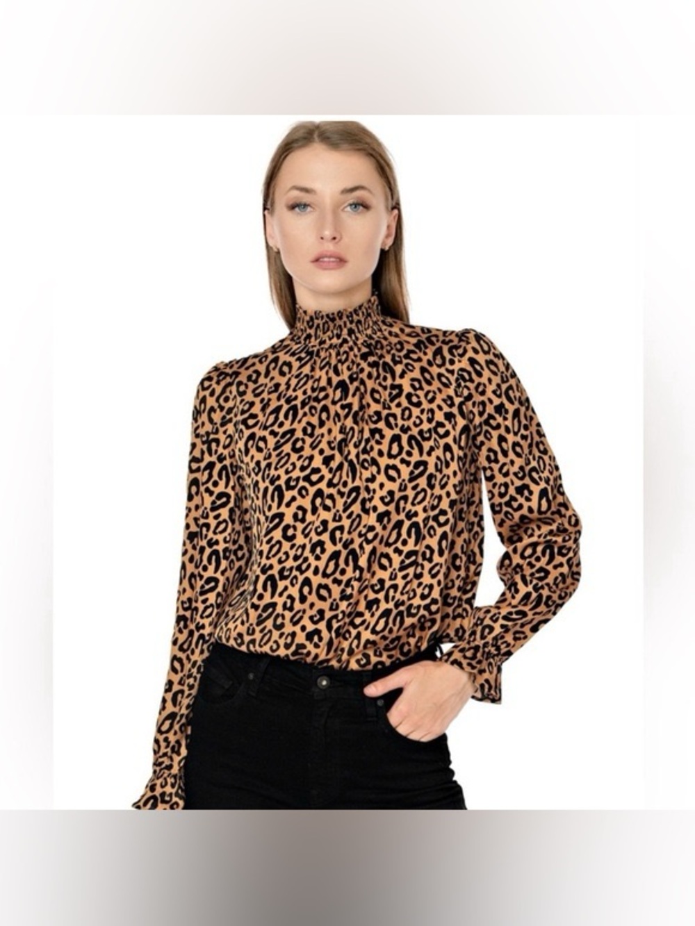 Tucker NYC Stella Top | Kitty Cat Dreamer Print Long-Sleeve Blouse - Tan/Black